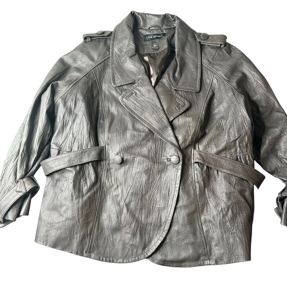 VTG Y2K Lane Bryant Women’s Brown Leather Jacket Button Adjustable Waist Sz 26